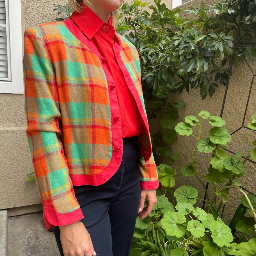 Vintage bright multicolored Linda Lewis Collection viscose/linen cropped jacket